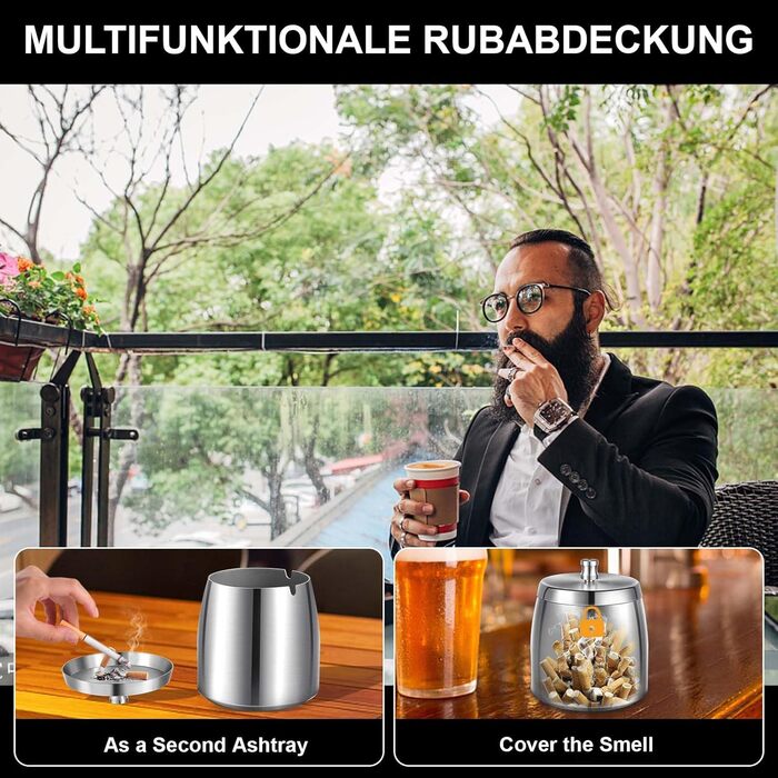 Нержавійна попільничка для вулиці та дому з кришкою, з антиковзною основою (срібна)