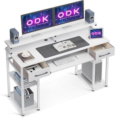 Письмовий стіл ODK білий 120x48x90 см з висувними ящиками, полицею, підставкою для монітора та клавіатури, комп'ютерний стіл для дому та офісу, геймерський стіл