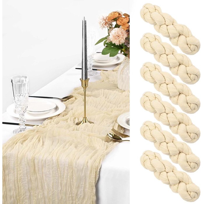 6Pack Beige Cheesecloth Table Runner, Rustic Gauze Table Runner, 90x300cm Cheesecloth Gauze Table Runner, Cheesecloth, Boho Table Runner for Wedding, Birthday, Party (Beige)