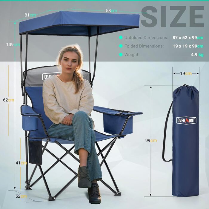Кемпінговий стілець Overmont зі спадковим дахом, підсклянником та охолоджуючим кишенем - блакитно-сірий
