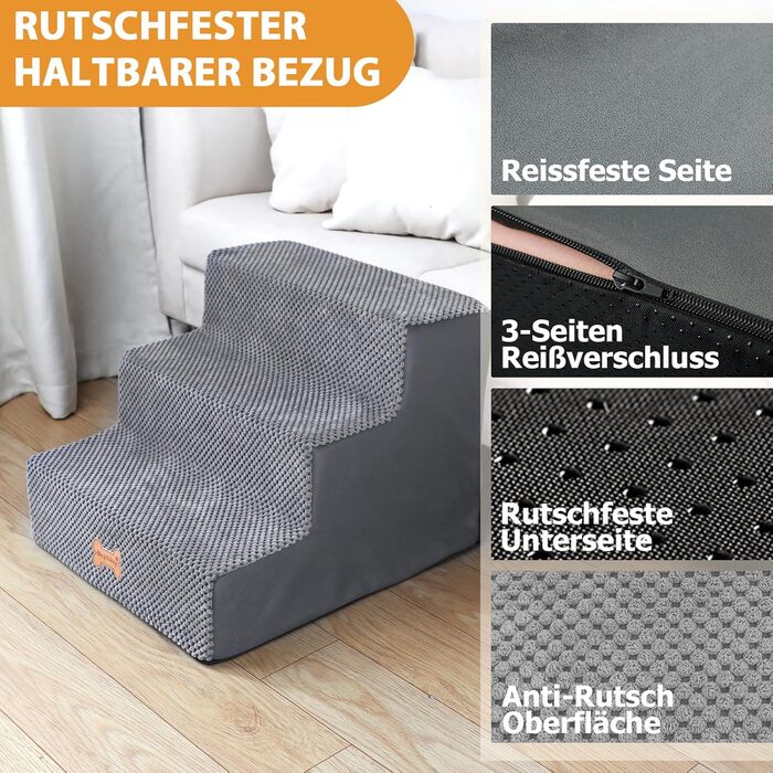 Non-slip Dog Stairs for Small Dogs 3-Step, Dog Stairs Dog Ramp for Bed and Sofa made of High-Density Sponge, Pet Stairs with Removable, Washable Cover and Non-Slip Bottom, 45x40x34cm