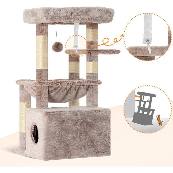 Котячий будиночок Heybly HCT008SW: міцний котячий будиночок з великим м'яким лежаком, місцем для сну та сизалевими стовпчиками для дряпання (коричнево-бежевий)