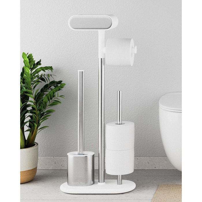 QUALISH Stainless Steel Toilet Paper Holder with Brush - Standing Toilet Paper Roll Holder & WC Kit - White