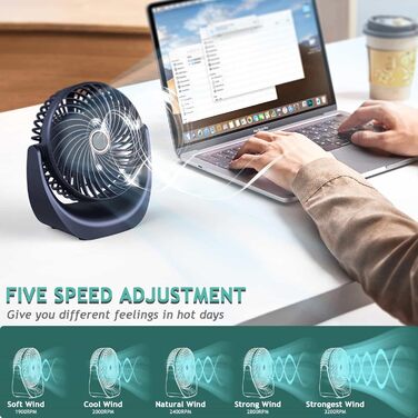 Настільний вентилятор SHAVINGFUN з USB-живленням, 4000mAh, 5 швидкостей, поворотний, тихий - для дому та офісу