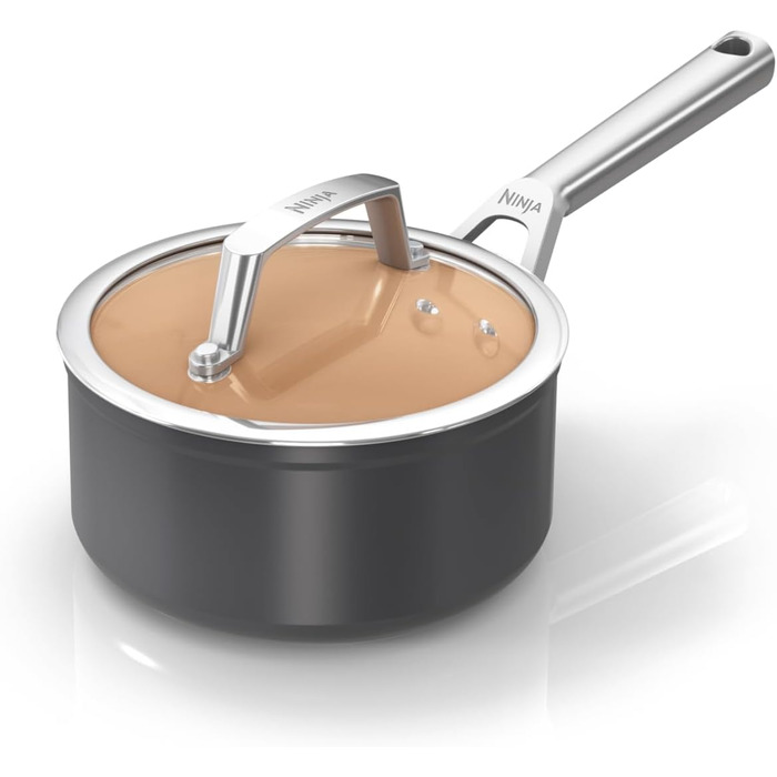 Ninja CW90216UK Ceramic Cookware Pot with Lid, non-stick coated (PFOA, PFA, lead, and cadmium-free), induction compatible, stainless steel handle, oven-safe up to 285°C, terracotta and grey 16cm saucepan