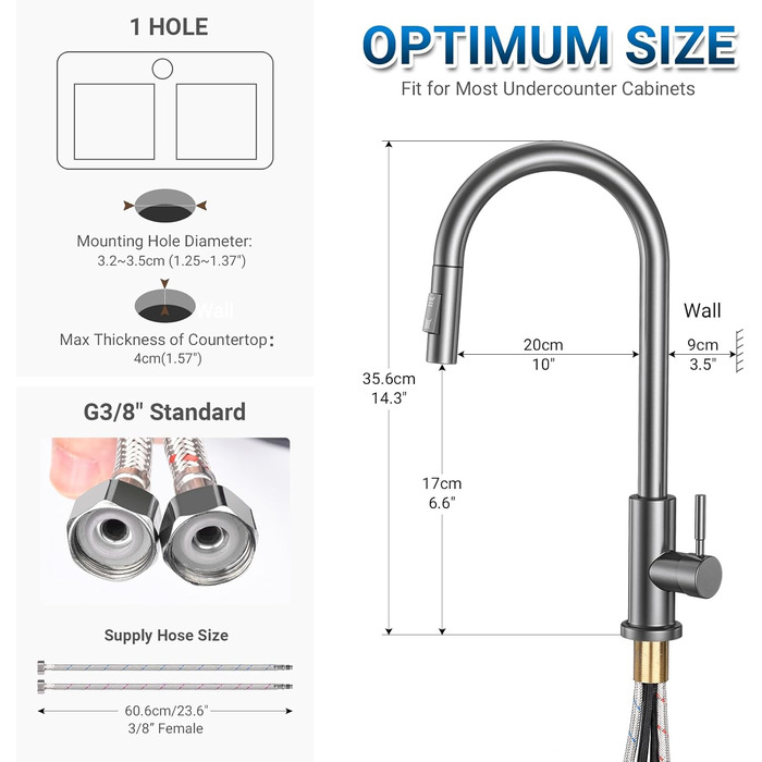 Кухонний змішувач Wasserhahn з висувною лійкою, поворотний на 360°, 2 функції, однорідний, для кухні (сірий)