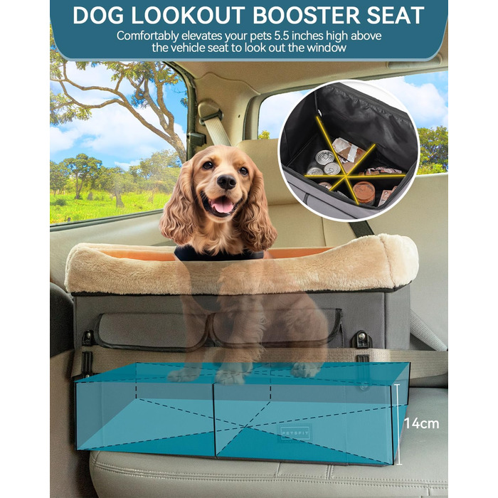 Автокрісло для собак Petsfit M, сірий: зручне автокрісло для середніх та 2 маленьких собак з підкладкою, ременями та кишенею