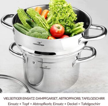 Пароварка HOMICHEF 3-в-1 з нержавіючої сталі, 24 см, без нікелю, з кришкою – набір для приготування овочів на пару, здорове харчування