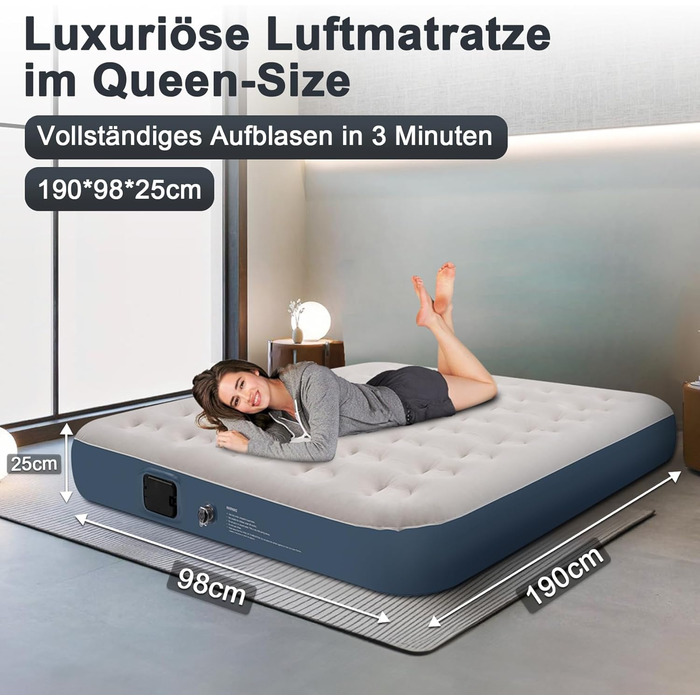 Надувне ліжко для двох осіб з електричним насосом, самонадувна, 198x152x25 см, блакитний колір