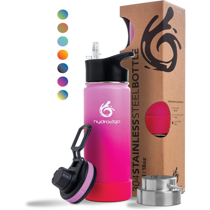 Stainless Steel Water Bottle – BPA-Free Thermo Bottle for Kids, School, Sports & Outdoor – Keeps Drinks Hot up to 12H and Cold up to 24H – Includes 3 Drinking Caps – 500 ml (Bloom)
