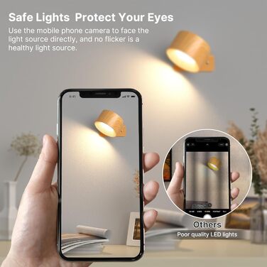 LED настінне освітлення Mexllex 2 шт. з USB-зарядкою, 3 кольори та 3 рівні яскравості, поворот на 360°, сенсорне керування, бездротове, (білий, дерев'яний масив)