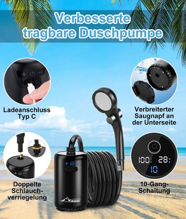 WADEO Portable Camping Shower Battery with Pump, Camping Shower with Rechargeable 6000/8000mAh Battery, Mobile Showers Outdoor Showers with Shower Head and Hose, for Camping, Travel, Garden, Car Washing (Black, 10 Gänge and with Double Digital Display)