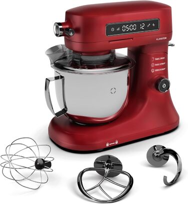 Кухонна машина Klarstein Chiara 1600W з чашею 5л з нержавіючої сталі, 12 швидкостей, LCD-дисплеєм, тиха робота ≤72 dB, набір для випічки, сумісний з посудомийною машиною, корпус з алюмінію, червона