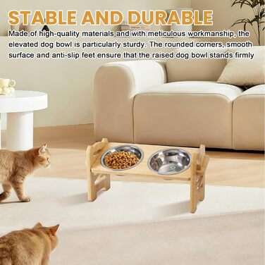 Підвищена годівниця для собак з бамбука з регулюванням висоти, 2 миски з нержавіючої сталі, нахилена годівниця для собак та котів, міцна