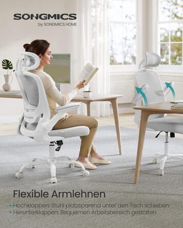 Офісне крісло SONGMICS з ергономічною спинкою з сітки, підпору для попереку та підголівником, функцією гойдання, регульованими підлокітниками, для офісу, спальні, студентів, OBN37BK (Тауновий сірий)