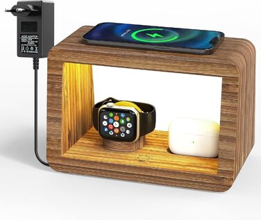 Багатофункціональна заряджна станція 5-в-1 з бездротовим зарядним пристроєм, світлодіодним нічником та годинником, бамбукова, сумісна з Apple Watch, AirPods, Samsung Galaxy та іншими пристроями