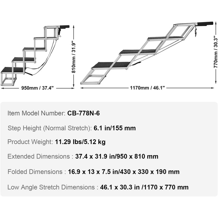 Сходинка для собак VEVOR: 5-ступенева автотреп'я для собак, легка алюмінієва конструкція, протиковзна поверхня, для авто, SUV та LKW