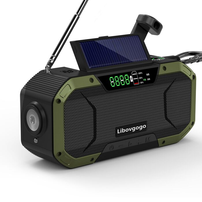 Радіо з ручним приводом та сонячною зарядкою - з акумулятором 5000mAh, радіо для екстрених ситуацій, IPX5 водостійке, AM/FM, портативне, динамо, кемпінг, на відкритому повітрі, ліхтарик, SOS, USB-C (зелене)