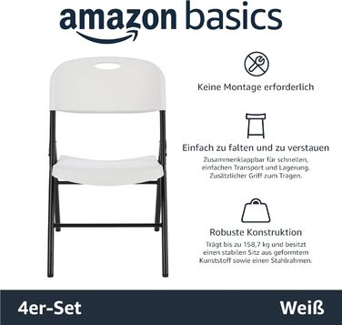 Amazon Basics Folding Chairs, Plastic and Metal, 4-Piece Set, Camping Chair, Kitchen Chair, for Indoor and Outdoor Use, Up to 158 kg, 4 Pieces (4 Pieces, White)