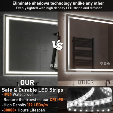 Дзеркало для ванної кімнати 50x70 см з підсвічуванням LED, антизапар, регулювання яскравості, 3 кольори світла