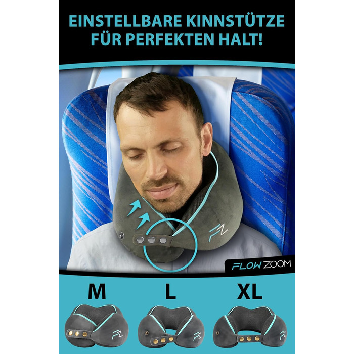 Подушка для шиї FlowZoom Comfy: регульована, з memory foam, для подорожей (літак, авто)