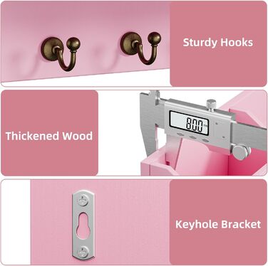 Настінна органайзер для ключів з 6 гачками та шухлядою, дерев'яний, для дому, офісу, прихожої (білий, рожевий)