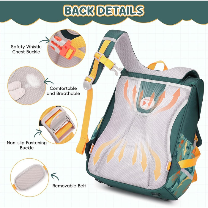 Шкільний рюкзак для хлопчика, 1-4 клас, ергономічний, з нагрудним ременем, 2025, для дітей 6-10 років, знімний поясний ремінь, світловідбиваючі елементи (зелений)