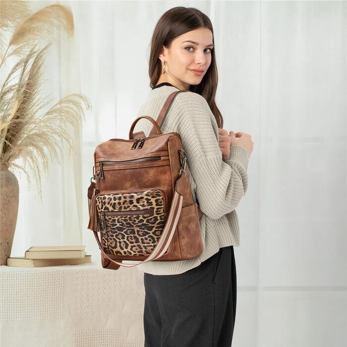 Шкіряний рюкзак-трансформер для жінок Shrrie: стильний рюкзак, сумка через плече, валіза, коричневий та леопардовий