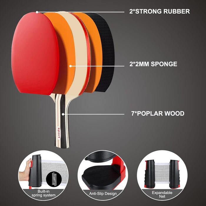 Набір для настільного тенісу KIMIGO: 2 ракетки, 6 м'ячів, сітка та сумка. Підходить для початківців та професіоналів, для гри в приміщенні та на вулиці