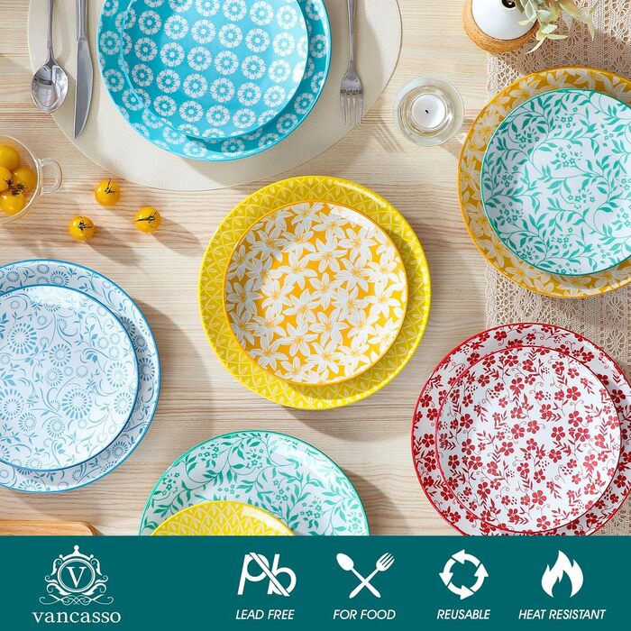 Набір посуду Vancasso Selene для 6 осіб, 24 елементи, пастелеве порцелянове покриття. Включає: 6 тарілок, 6 тарілок для десерту, 6 супових тарілок, 6 мисок. Підходить для мікрохвильової печі.