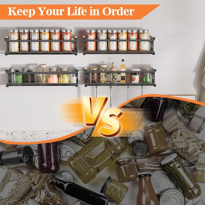 Стильна підставка для спецій на 4 відділення з металу, чорна, самоклеюча, без свердління, для кухонної шафи та дверей