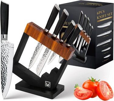 Набір кухонних ножів Messerblock 6-TLG з блоком: професійний набір з нержавіючої сталі з ергономічною ручкою з ебену, кухонний, м'ясний, хлібний, універсальний та овочевий ножі