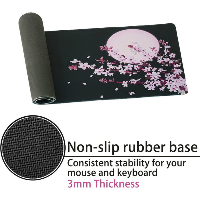 Мат для миші Sakura з квітами вишні, чорний XL, великий, 80 x 30 см, аксесуар для столу