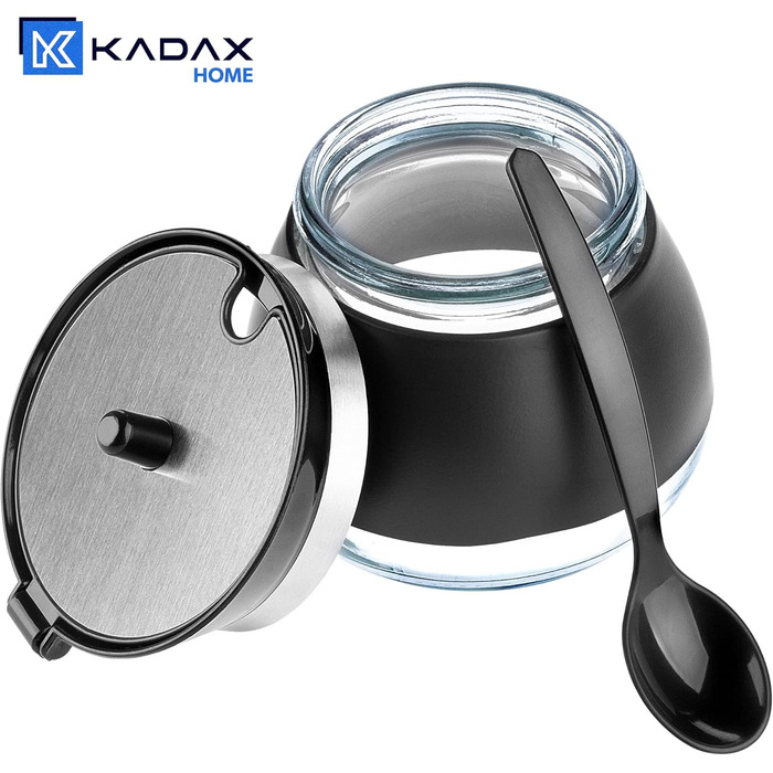 Цукорниця KADAX з ложкою, 270 мл, контейнер для цукру з порошковим покриттям, 9x9 см, цукророзсипник у 2 кольорах, дозатор для спецій з кришкою для чаю, цукру (Чорний)