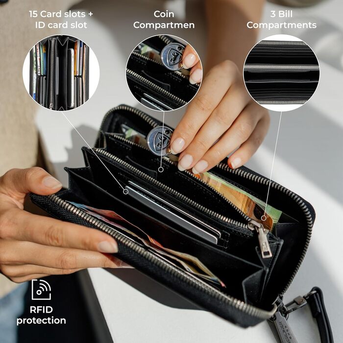 Жіночий гаманець Berliner Bags Lyon з натуральної шкіри, великий, з RFID захистом, чорний, у подарунковій коробці