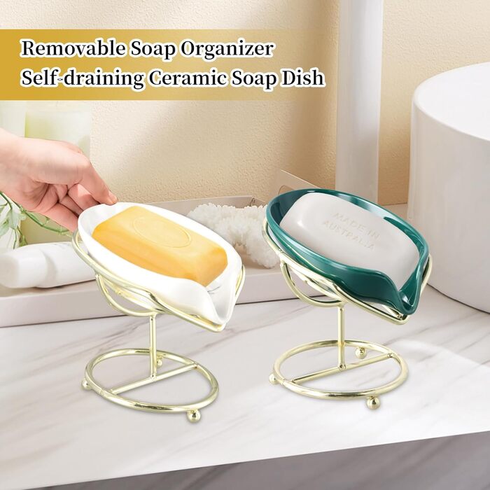 Набір з 2 мисок для мила з отвором, 13,5x8,5 см, кераміка, самостійний злив, у формі листка, білий, зелений