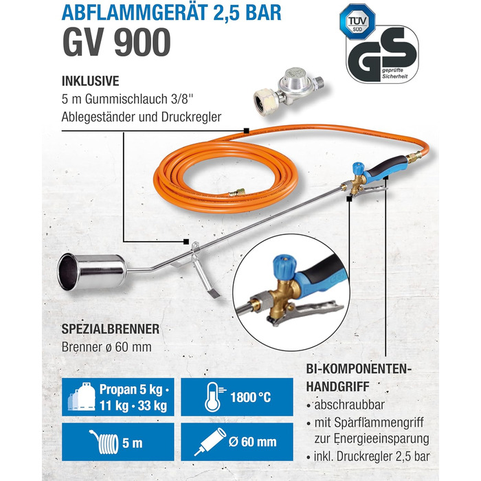 CFH Flame Gun GV 900 including Gas Pressure Regulator DR 114 and Gas Hose - Weed Burner Gas Application 2.5 bar with 3/8