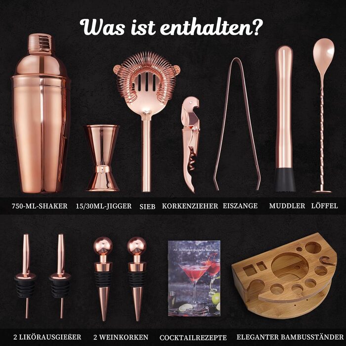 Набір шейкер для коктейлів Barkeeper Set з підставкою, нержавіюча сталь, професійний барний інструмент (рожеве золото)
