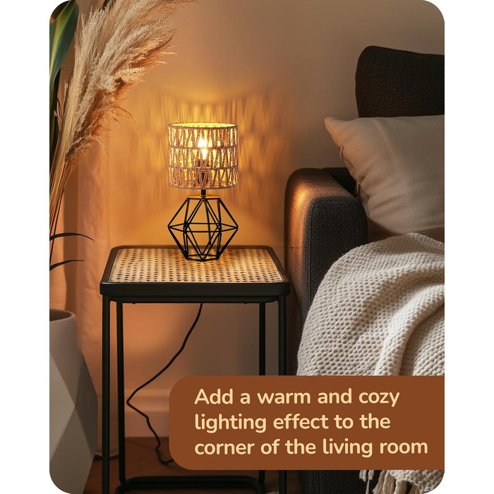 EDISHINE Настільна лампа, сучасний індустріальний дизайн, цоколь E14, вінтаж, для спальні/вітальні, білий & золотий (ротанг + чорний)