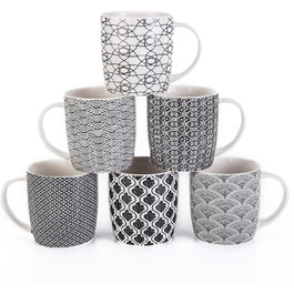 Set of 6 coffee mugs with black and white geometric pattern, ceramic tea cup set of 6 (black mug set) (Black set of 6)