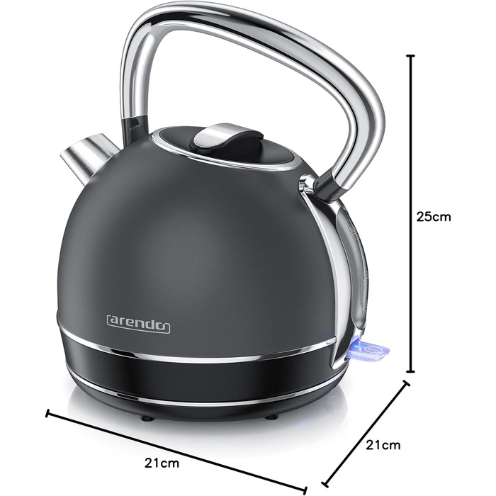 Arendo Retro Stainless Steel Kettle - 2.2L, 2200W, Cool Grey - Electric Kettle with Removable Scale Filter & Auto Shutoff