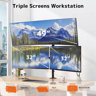 Кронштейн для 3 моніторів (до 1x49'' та 2x32''), настільний тримач з регулюванням висоти, нахилом та поворотом, VESA 75x75/100x100, чорний