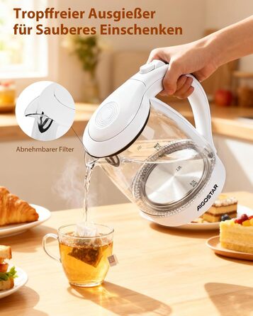 Електричний чайник Aigostar 1.7 л, 2200 Вт, зі скляною колбою, LED-підсвічуванням, без BPA, з фільтром від накипу, чорний (Eve)