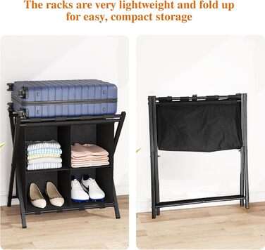 ABOXOO 2-Pack Luggage Rack with Storage, Guest Room, Folding, Holds up to 54.4 kg, Space-Saving Suitcase Rack for Guest Rooms, Bedrooms, Hotels, Black