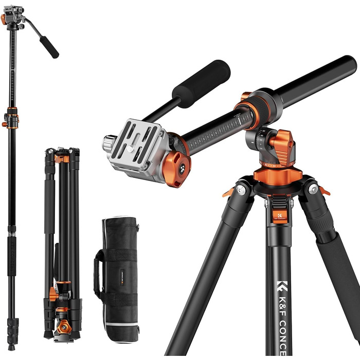 Штатив для камери K&F Concept T254A7+BH-28L, 231 см, професійний, з рідинною головкою