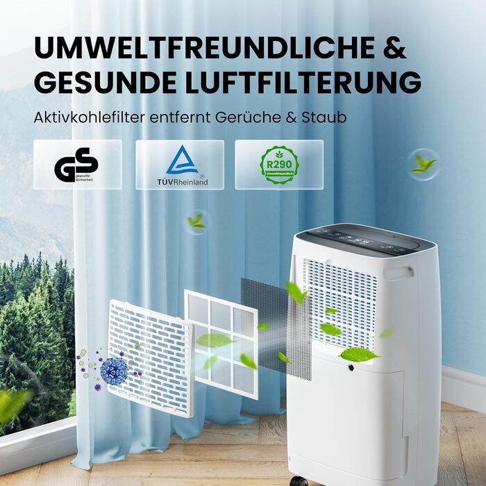 Електричний осушувач повітря 25л/день, 50㎡, з керуванням через додаток та сенсорною панеллю, для підвалу, бак 3,7л, зливний шланг, 47дБ, таймер 24г, дитячий замок, гарантія 3 роки (15л/день)