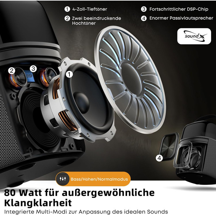 Караоке система з 2 мікрофонами, LED-підсвічуванням, портативна партійна колонка, 80W, USB/Bluetooth/AUX, для дому та на вулицю (для дорослих та дітей)