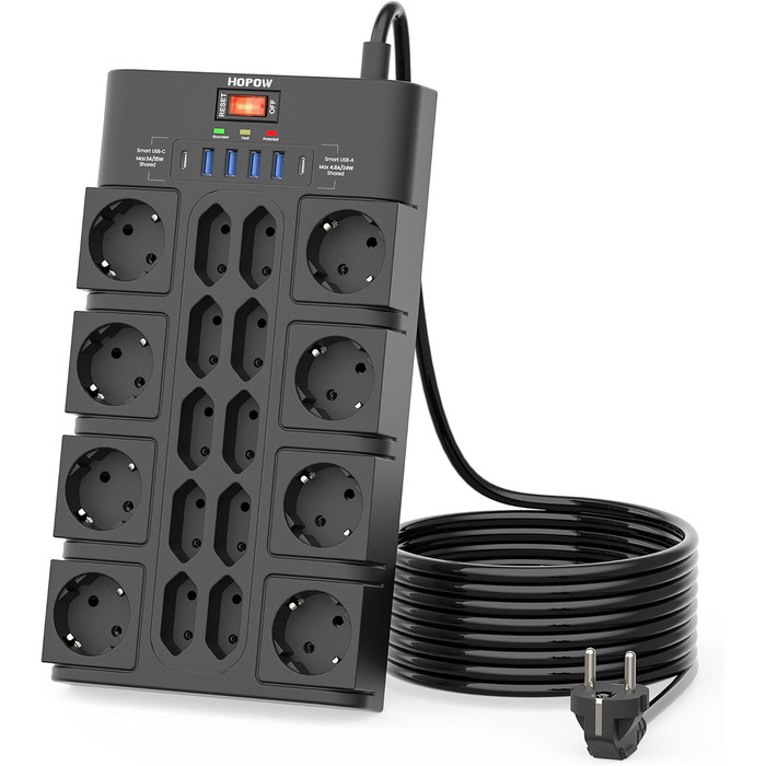Многорозетка на 18 розеток з USB (4 USB-A, 2 USB-C), мережевий фільтр, 3680W, 2100J, 2 м кабель, для офісу та дому