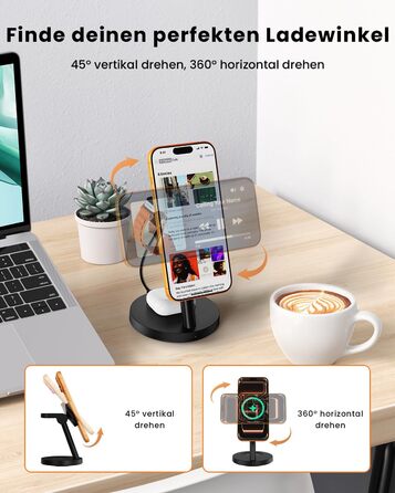Зарядна станція JoyGeek 3-в-1 MagSafe 25W для iPhone 17/16, Apple Watch, Samsung Watch та AirPods з адаптером 45W (Чорний матовий)