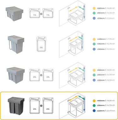 Відро для сміття на кухню Emuca з нижнім кріпленням, 2 висувні контейнери по 20 л, загальний об'єм 40 л (2 x 20 л), сталь та пластик, сірий (антрацитовий сірий).
